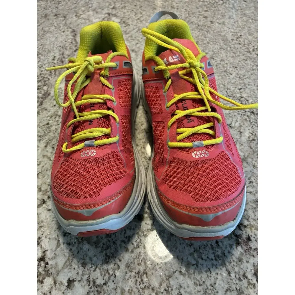 Hoka One One Clifton 1 Road Running Shoes Womens Sz 9 Pink Yellow Coral - Picture 2 of 8
